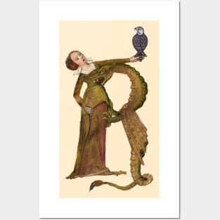 LADY DRAGON WITH FALCON R LETTER Medieval Miniature Posters and Art